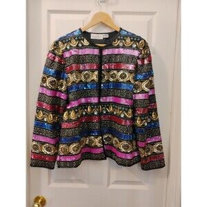 Laurence Kazar New York Formal Jacket Silk Sequin Black 80s Blazer Large